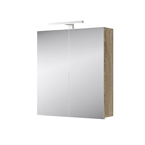 Planetmöbel Merkur Spiegelschrank Bad mit Beleuchtung 60 cm breit | Badschrank hängend mit Spiegel | Chrom LED Beleuchtung | Sonoma Eiche
