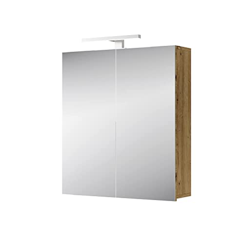 Planetmöbel Merkur Spiegelschrank Bad mit Beleuchtung 60 cm breit | Badschrank hängend mit Spiegel | Chrom LED Beleuchtung | Artizan Eiche