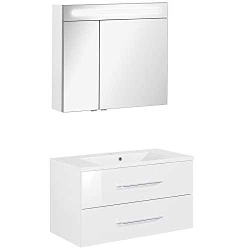 FACKELMANN Badmöbel Set B.Clever 2-tlg. 90 cm weiß mit Waschtisch Unterschrank inkl. Gussmarmorbecken & LED Spiegelschrank