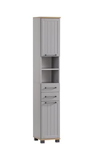 Schildmeyer Hochschrank Jelda 154231, platingrau/Eiche Landhaus Dekor, 30,3 x 32,6 x 180,9 cm