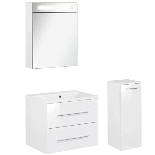 FACKELMANN Badmöbel Set B.Clever 3-tlg. 60 cm weiß mit Waschtisch Unterschrank inkl. Gussmarmorbecken & Midischrank & LED Spiegelschrank