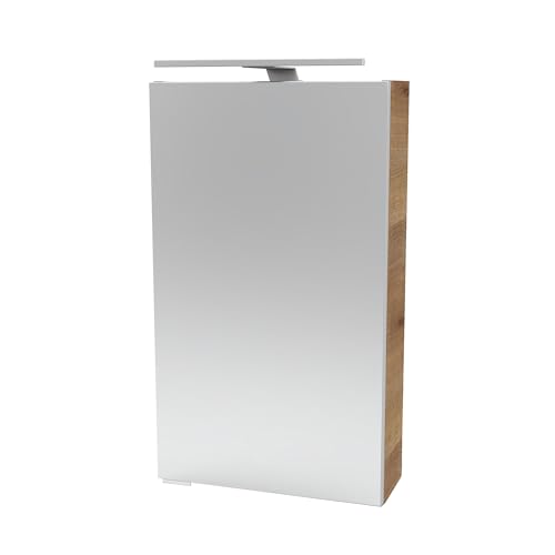 FACKELMANN Milano Spiegelschrank mit LED-Beleuchtung – Alibertschrank für Bad und Gäste-WC (40 x 68 x 15,3 cm) – SBC Badschrank mit Spiegel in Holz Braun – Tür rechts