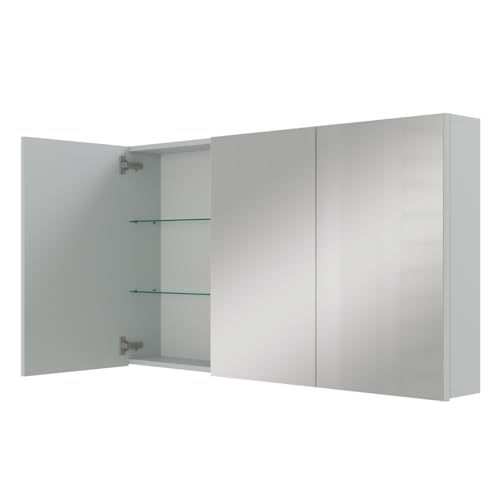 Planetmöbel ARIA Spiegelschrank Bad 120 cm breit | Badschrank hängend mit Spiegel | Weiß Grau, ohne Leuchte und Steckdose, Spiegelschrank Gäste WC 120 x 70 x 16 cm