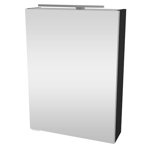 FACKELMANN Luna Spiegelschrank mit LED-Beleuchtung – Alibertschrank für Bad und Gäste-WC (50 x 68 x 15,3 cm) – SBC Badschrank mit Spiegel in Schwarz/Anthrazit – Tür rechts