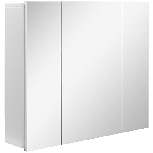 kleankin Badezimmerschrank mit 3 Spiegeltüren, Hängeschrank aus weißem Holz, Innenregal, 70 x 15 x 60 cm