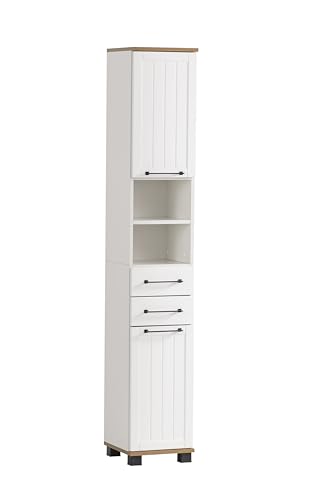 Schildmeyer Hochschrank Jelda 154220, matt weiß/Eiche Landhaus Dekor, 30,3 x 32,6 x 180,9 cm