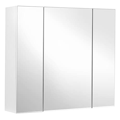 VASAGLE Wandschrank, Badezimmer, Schrank mit Spiegel, Aufbewahrungsschrank 3 Türen, 60 x 15 x 55 cm, mit verstellbarem Regal, modern, weiß, BBK22WT