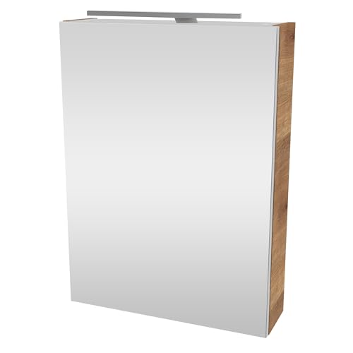 FACKELMANN Milano Spiegelschrank mit LED-Beleuchtung – Alibertschrank für Bad und Gäste-WC (50 x 68 x 15,3 cm) – SBC Badschrank mit Spiegel in Holz Braun – Tür rechts