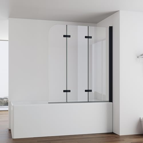 IMPTS Duschwand für Badewanne 130x140cm Schwarz, Faltwand Duschfaltwand 3 teilig Faltbar Badewannenaufsatz Duschtrennwand Badewannenwand Glas mit 6mm Nano Sicherheitsglas