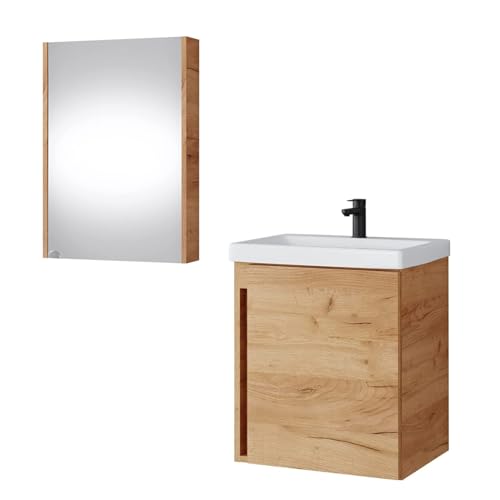Planetmöbel Waschtisch + Spiegelschrank Badmöbel Set 50cm für Badezimmer WC (Gold Eiche)