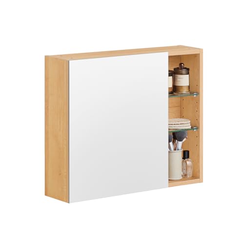 SoBuy Hängeschrank mit 1 Spiegeltür Spiegelschrank Spiegel Aufbewahrungsschrank für Bad Badezimmerschrank mit offenen Fächern Badschrank Natur BHT ca. 60x50x15cm BZR173-N