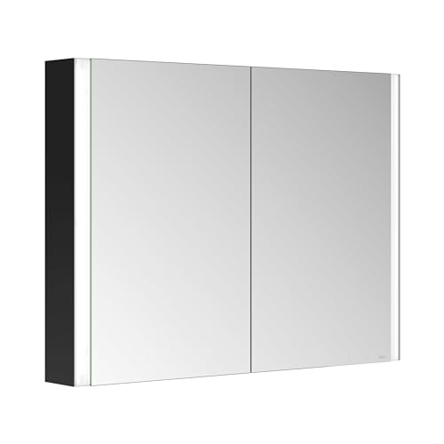 Keuco LED-Spiegel-Schrank, Wandvorbau Badezimmer-Spiegelschrank mit Beleuchtung, Aluminium-Korpus, schwarz matt, 2 symmetrische Türen, integrierte Spiegelheizung, 100 x 71 x 12,7cm, Royal Linde