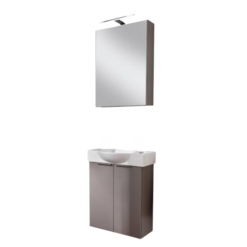 FACKELMANN SBC B.Paris Gäste WC Waschtisch Set mit Spiegelschrank 55 cm breit, Grau, Türanschlag rechts – Elegantes Design und hohe Funktionalität in Cubanit Grau