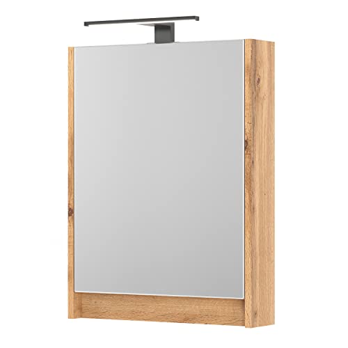 Planetmöbel Spiegelschrank Bad mit Beleuchtung 50 x 65 x 11,4 cm, Wotan Eiche, Badezimmerschrank mit Spiegel und LED Aufbauleuchte