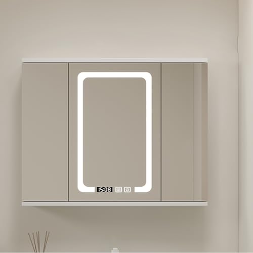Badezimmer-Spiegelschrank mit Aufbewahrung, Wandmontage, LED, Anti-Beschlag-Funktion, intelligenter Medizinschrank mit Zeitanzeige und Klapptür