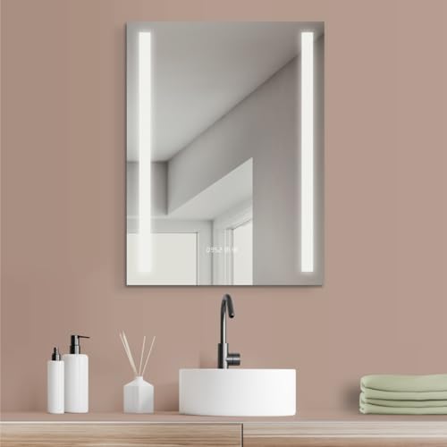 HOKO® Badezimmerspiegel, LED, 60 x 80 cm, mit Digitaluhr, Anti-Beschlagschutz, kaltes weißes Licht,...
