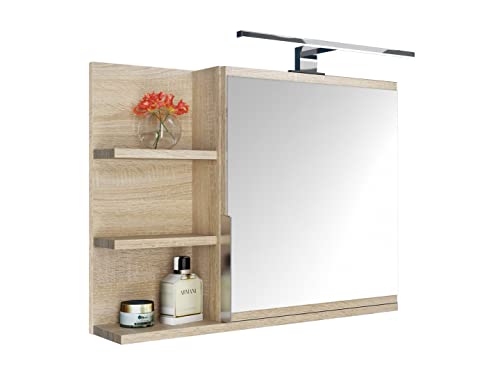 DOMTECH Badezimmer Spiegelschrank mit Ablagen und LED Beleuchtung, Badezimmerspiegel, Eiche Sonoma Spiegelschrank, L