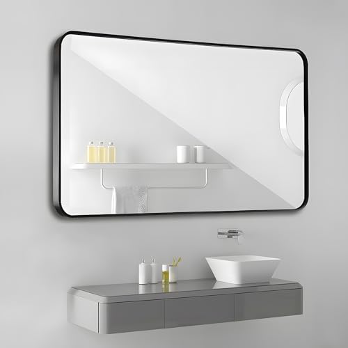 MIQU Badezimmerspiegel, Wandmontage, rechteckiger Hängespiegel, Make-up-Schminkspiegel, Metallrahmen, für Waschtisch, Badezimmer oder Schlafzimmer, 500 x 700 mm, Schwarz