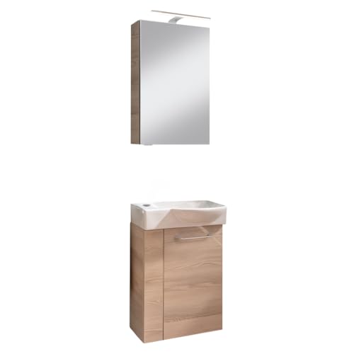 FACKELMANN SBC B.CLEVER Gäste WC Waschtisch Set mit Spiegelschrank 45 cm breit, Braun hell, Türanschlag rechts – Eleganz und Funktionalität für kleine Bäder