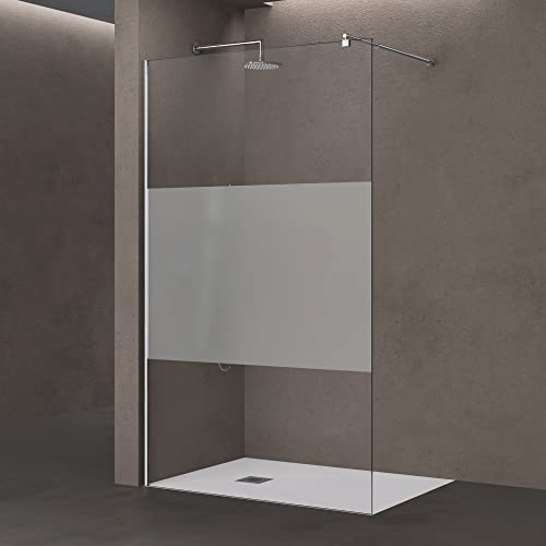 doporro Luxus Duschwand für Dusche Duschabtrennung 140x200cm Walk-In Dusche 10mm ESG-Sicherheitsglas Milchglas-Streifen inkl. Nanobeschichtung Bremen02MS