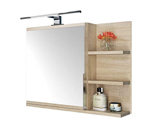 DOMTECH Badezimmer Spiegelschrank mit Ablagen und LED Beleuchtung, Badezimmerspiegel, Eiche Sonoma...