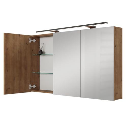 Planetmöbel ARIA Spiegelschrank Bad mit Beleuchtung 120 cm breit | Badschrank hängend mit Spiegel | Gold Eiche, mit Leuchte und Steckdose, Spiegelschrank Gäste WC 120 x 70 x 16 cm