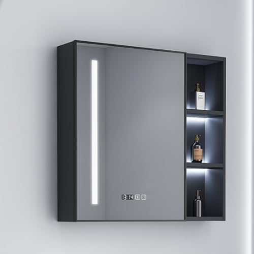 LED-Spiegel, Medikamentenschrank mit HD-Spiegel, Aluminium, beleuchteter Medizinschrank mit Defogger – Badezimmer-Schminkspiegel mit Stauraum und Zeitanzeige