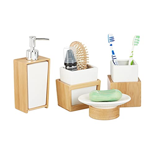 Relaxdays Badezimmer Set, 4-teiliges Badzubehör aus Keramik und Bambus, Seifenspender und Zahnputzbecher,...