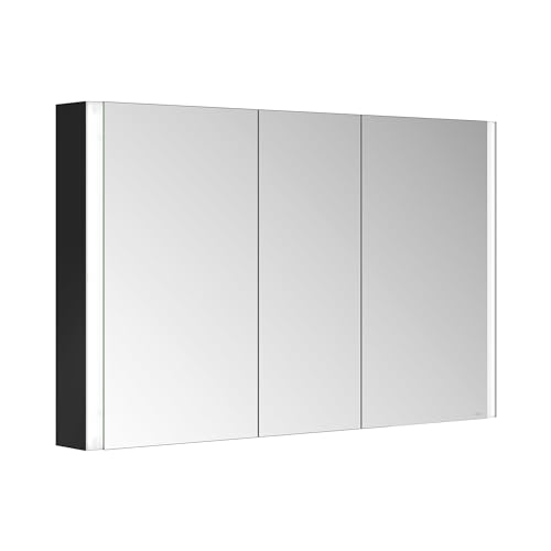 Keuco LED-Spiegel-Schrank, Wandvorbau Badezimmer-Spiegelschrank mit Beleuchtung, Aluminium-Korpus, schwarz matt, 3 Türen, integrierte Spiegelheizung, 120 x 71 x 12,7cm, Royal Linde