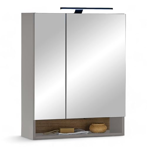 DENVER Spiegelschrank Bad mit LED-Beleuchtung in Grau/Evoke Eiche Optik FSC-zertifiziert - Badezimmerspiegel Schrank mit viel Stauraum - 60 x 75 x 22 cm (B/H/T)