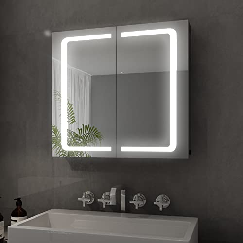 ELEGANT Bad Spiegelschrank mit Beleuchtung LED Licht Badezimmer Spiegelschrank Bad Hängeschrank mit Steckdose...