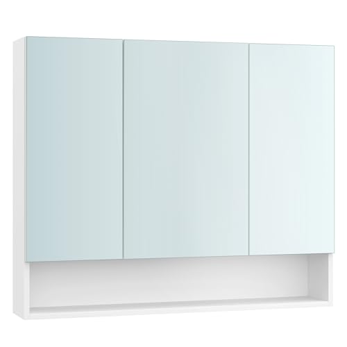VASAGLE Badezimmerschrank mit 3 Türen, Spiegelschrank, Badschrank, offenes Fach, verstellbare Ablagen, 16,5 x 90 x 75 cm, wolkenweiß BBK130W01