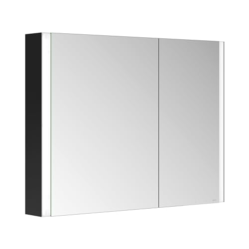 Keuco LED-Spiegel-Schrank, Wandvorbau Badezimmer-Spiegelschrank mit Beleuchtung, Aluminium-Korpus, schwarz matt, 2 asymmetrische Türen, integrierte Spiegelheizung, 100 x 71 x 12,7cm, Royal Linde