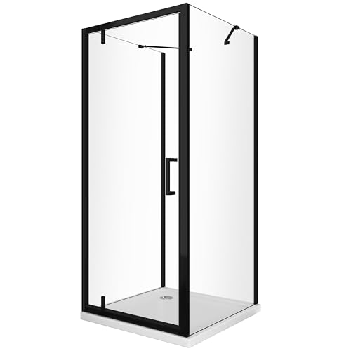 Dreiseitige Duschkabine mit zwei festen Seitenwänden und einer schwenkbaren Fronttür, roto-translante 8 mm H 200 in mattem Schwarz, Maß (80 Feste Wände + Tür 100)