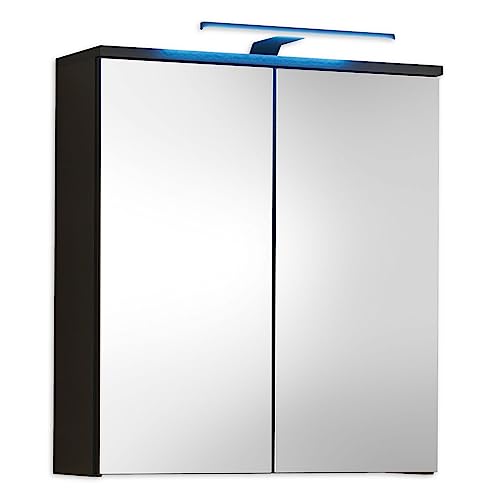 SPICE Spiegelschrank Bad mit LED-Beleuchtung in Schwarz matt - Badezimmerspiegel Schrank mit viel Stauraum - 60 x 66,5 x 20 cm (B/H/T)