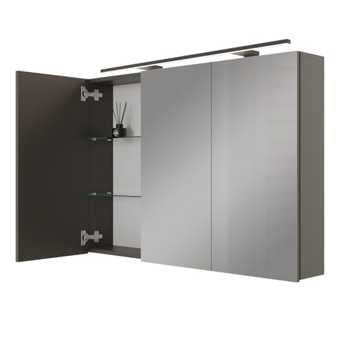 Planetmöbel ARIA Spiegelschrank Bad mit Beleuchtung 120 cm breit | Badschrank hängend mit Spiegel | Anthrazit, mit Leuchte und Steckdose, Spiegelschrank Gäste WC 120 x 70 x 16 cm