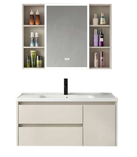 Badmöbel Set mit Spiegelschrank und Waschbecken, 90 cm Waschtisch mit Unterschrank, 1 Aufsatz-Waschbecken 51 cm in Weiß, 1 Spiegel 60 cm, Badezimmer Möbel Set für Gäste-WC und Badezimmer (Cremeweiß 2)