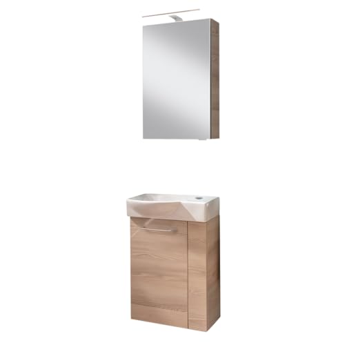 FACKELMANN SBC B.CLEVER Gäste WC Waschtisch Set mit Spiegelschrank 45 cm breit, Braun hell, Türanschlag Links – ideal für kleine Bäder