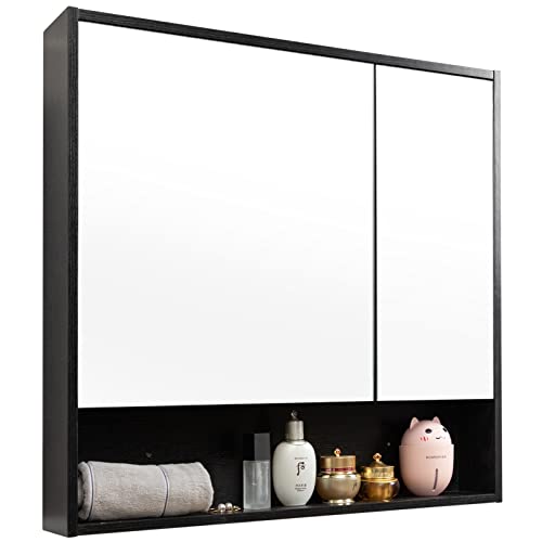 BEJOY Spiegelschrank Badezimmerschrank mit 2 Spielgeltüren Aufbewahrungsschrank Wandschrank Medizinschrank Hängeschrank für Badezimmer, 78 x 10 x 75 cm，Schwarz