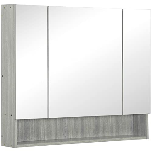 kleankin Spiegelschrank mit 4 Abschnitten mit verstellbaren Einlegeböden, Badezimmerspiegel aus Holz und Glas, 90 x 15 x 75 cm, Grau