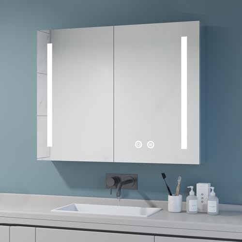 WisHomee Spiegelschrank Bad mit Beleuchtung 65 x 60cm Breit, Edelstahl Badezimmer-Spiegelschrank mit licht, 2 Drehtüren LED Spiegelschrank mit Touch Dimmer, 3000K/4000K/6500K Dimmbar