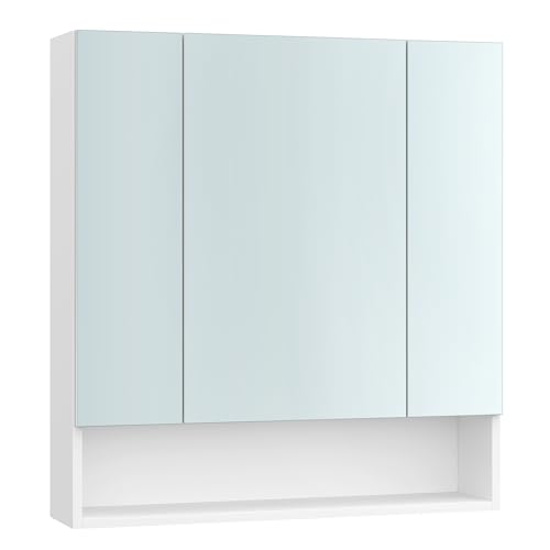 VASAGLE Badezimmerschrank mit 3 Türen, Spiegelschrank, Badschrank, offenes Fach, verstellbare Ablagen, 16,5 x 70 x 75 cm, wolkenweiß BBK129W01