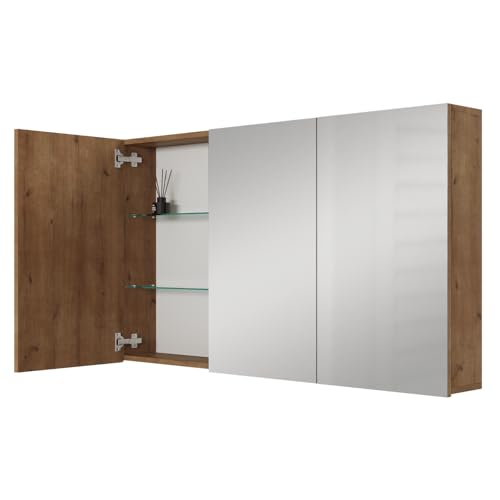 Planetmöbel ARIA Spiegelschrank Bad 120 cm breit | Badschrank hängend mit Spiegel | Gold Eiche, ohne Leuchte und Steckdose, Spiegelschrank Gäste WC 120 x 70 x 16 cm