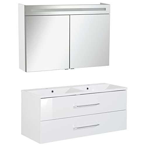 FACKELMANN Badmöbel Set B.Clever 2-tlg. 120 cm weiß mit Waschtisch Unterschrank inkl. Doppel-Gussmarmorbecken & LED Spiegelschrank