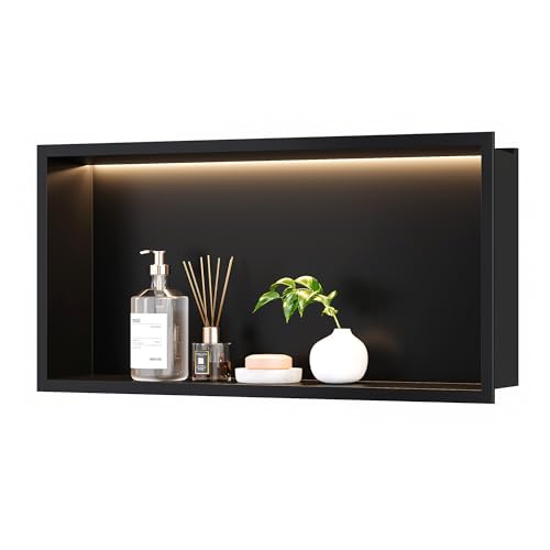 Neohomee Wandnische Dusche Edelstahl mit LED-Licht, Eingebettete Duschnische Schwarz Einzelregal Lagerung für Badezimmer, 60 x 30 cm