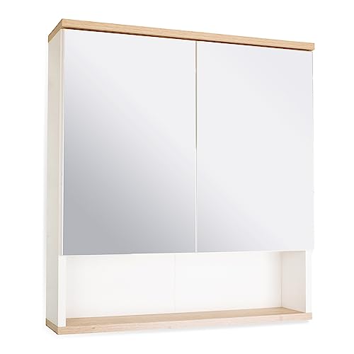 BadeDu ARC Spiegelschrank mit zusätzlicher Ablage – Alibertschrank für das Badezimmer (60 cm x 65 cm x 16 cm) – Badezimmer-Spiegelschrank mit Holz in Weiß und Eiche