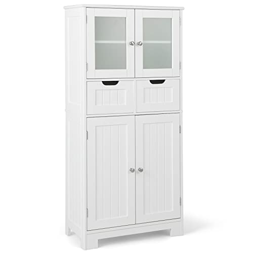 COSTWAY Badschrank mit 2 Schubladen und 4 Türen, Badezimmerschrank mit verstellbaren Regalen, Badkommode Aufbewahrungsschrank für Badezimmer, Küche, Wohnzimmer (Weiß)