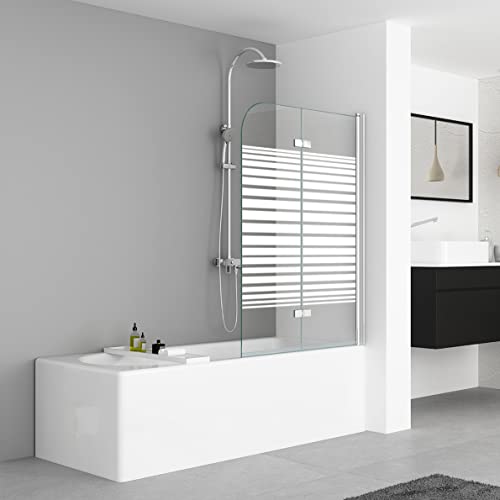 IMPTS 100x140cm Duschwand für Badewanne 2 TLG. Faltwand Duschtrennwand mit Milchglas Streifen Badewannenaufsatz Duschabtrennung 6mm ESG-Sicherheitsglas teilsatiniert, inkl. Nanobeschichtung