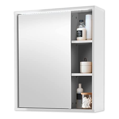 Stella Trading Spiegelschrank Bad mit LED-Beleuchtung in Weiß - Badezimmerspiegel Schrank mit viel Stauraum - 60 x 70 x 20 cm (B/H/T)
