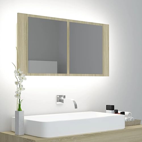 Möbelartikel-LED Badspiegelschrank Sonoma Eiche 90x12x45cm Acryl